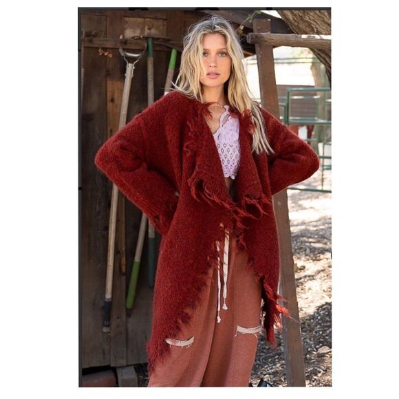 WOOL Blend Long cardigan with distressed Hemline in Terracotta - Picture 3 of 14